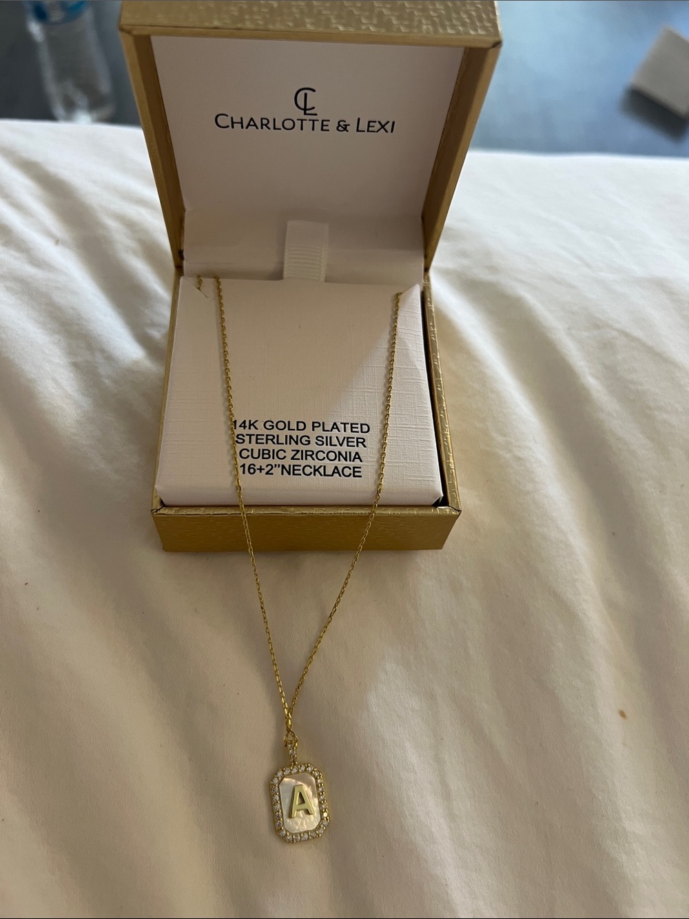 Gold Plated 'A' Initial Mother of Pearl Pendant Necklace. Unworn